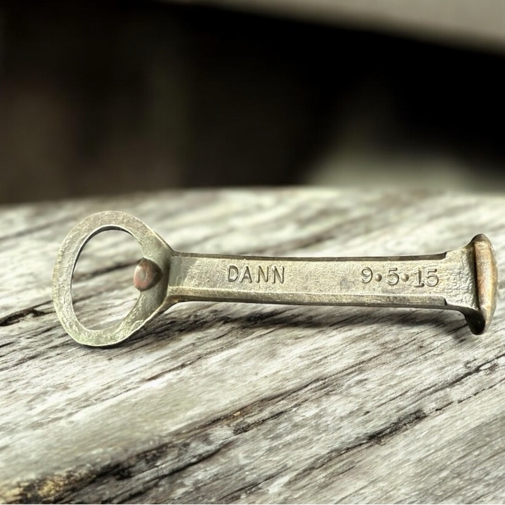 VINTAGE HAND-FORGED RAILROAD SPIKE BOTTLE OPENER – PERSONALIZED “DANN 9•5•15”